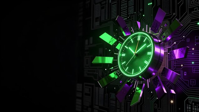 Digital clock with neon green glow and purple shards on circuit board 3d render