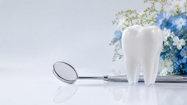 White tooth model and dental mirror with a bouquet of blue and white flowers, dental care and hygiene concept, Dentist Day celebration background