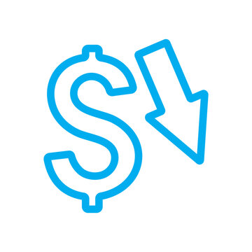 Blue dollar sign icon with downward arrow showing financial decline or price drop