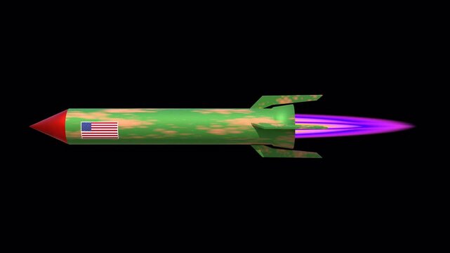 Retro military rocket flying with purple flame, vintage camouflage missile in space, 3D stylized ballistic projectile with flag isolated on Transparent Background