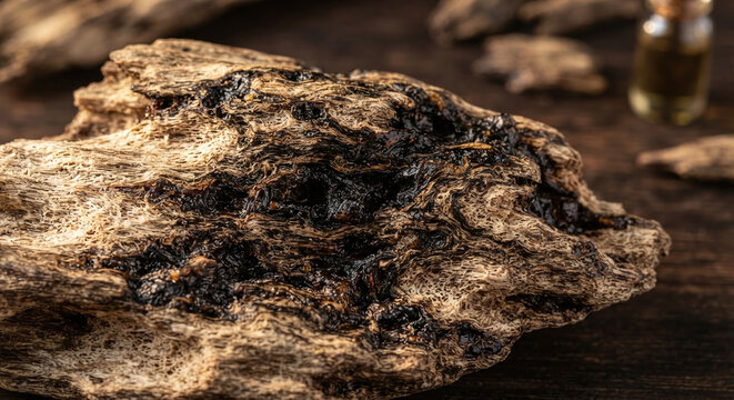Agarwood oud resin veins saturating aquilaria tree wood macro