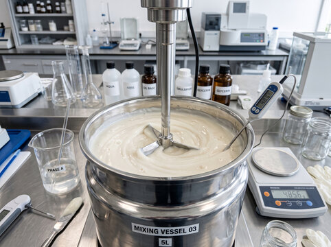 Large scale industrial mixing vessel containing thick white emulsion mixture with overhead impeller and digital temperature probe for cosmetic production.