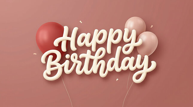 Happy Birthday text with pastel balloons and confetti on soft pink background