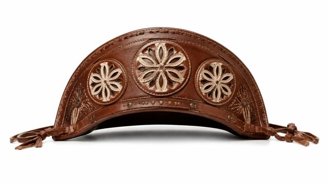 Traditional Brazilian leather hat from the Northeast of Brazil, known as chapeu de couro, decorated with intricate floral patterns and cutouts, isolated on white background.