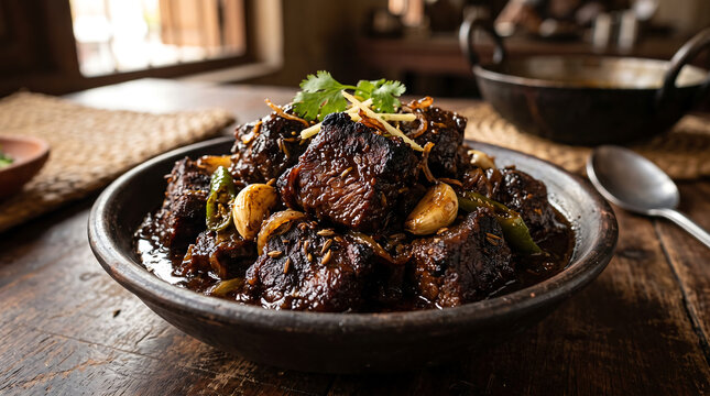 Hyper Realistic 9K Low Hero Angle Close Up Chattogram Beef Kala Bhuna Dark Roasted Spiced Beef Food Photography