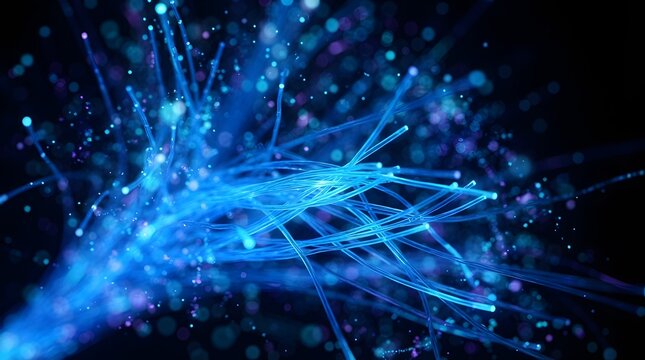 Abstract fiber optic glowing blue data network.