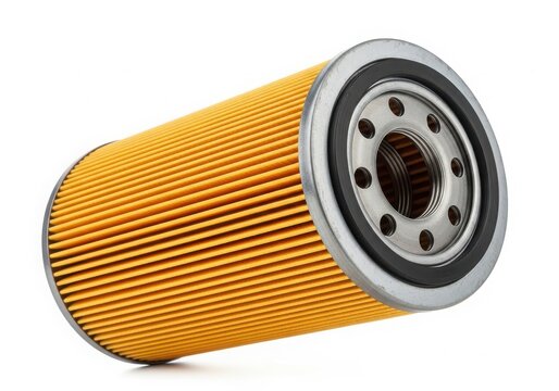 Yellow car air filter close-up view isolated on white background