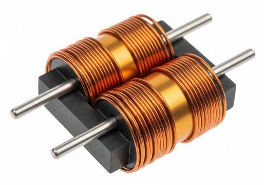 Close-up of copper wire transformer coils isolated on white background
