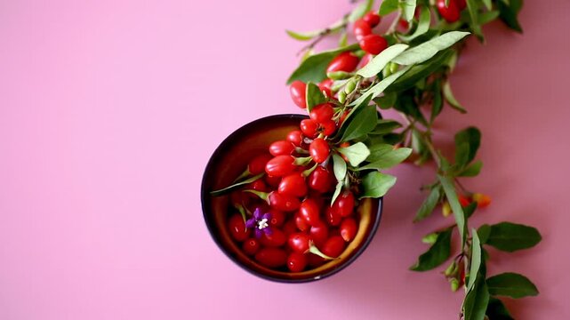 Fresh red goji berries with leafy branches on pink background
