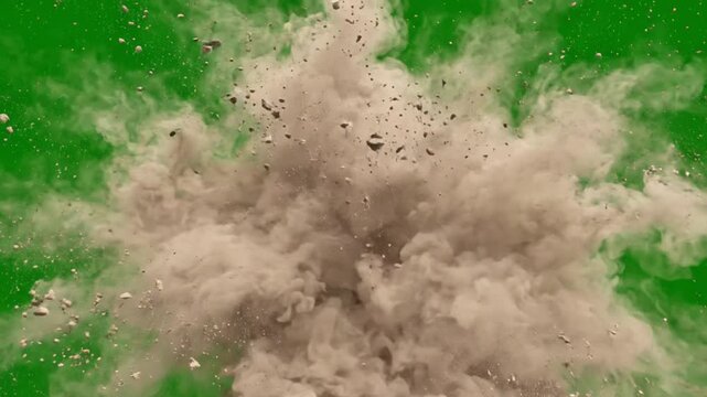 Cinematic Dust Impact Explosion with Dense Brown and Beige Particles Bursting Outward and Naturally Dispersing on Green Screen, Realistic VFX Effect, 4K Stock Video