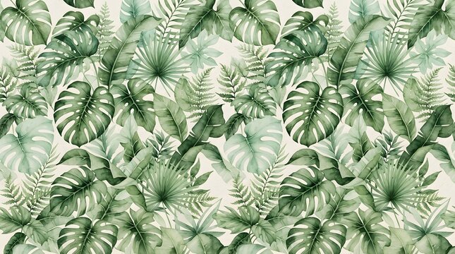 Green tropical leaf pattern in watercolor style.