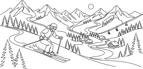 Obraz premium Mountain Skiing Landscape Line Art with Skier Pine Trees Village Cable Cars and Snowy Peaks