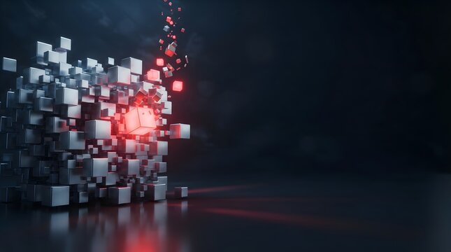 Metallic cubes structure with glowing red accents.