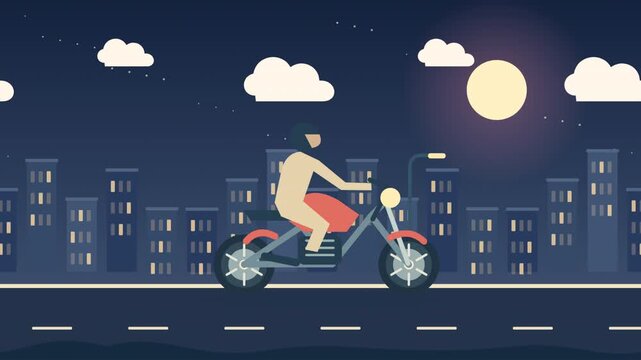 Motorcyclist Riding at Night in City Vector Animation
