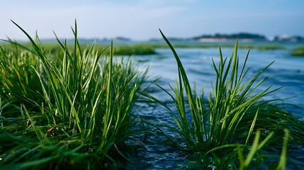 Obraz premium Fresh green grass blades emerge from calm blue water under bright sky with distant land visible on horizon