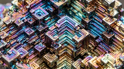 Obraz premium Iridescent Geometric Bismuth Crystal Macro Abstract Scientific Mineral Structure