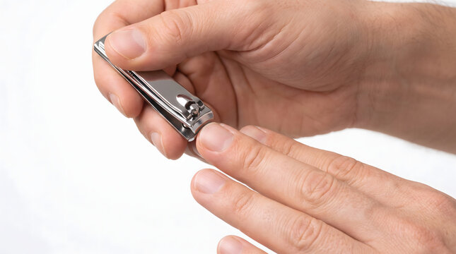A close-up shot captures human hands meticulously trimming fingernails with a metal clipper. This image highlights the importance of personal hygiene and daily self-care routines, emphasizing clean...
