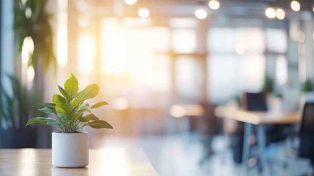 Small green potted plant sitting on wooden office desk against blurred background of modern workspace with bright warm sunset light