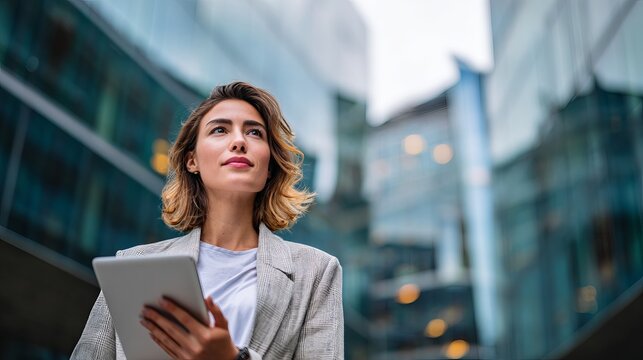 Stylish businesswoman contemplates modern architecture, holding tablet, reflecting on potential future business growth opportunities
