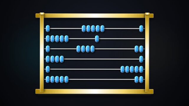 Golden abacus with blue beads on dark background, symbolizing calculation and finance
