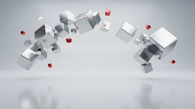 Scattered metallic cubes and red accents floating.