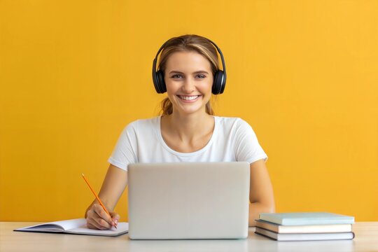 Casual young smiling smart woman student in headphones satisfied with learning foreign language. Female making notes at notebook during watching webinar video courses. Online education