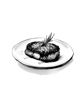 Sketch illustration of grilled beef steak with rosemary on plate