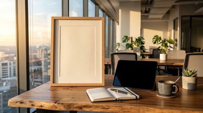 Modern Office Desk with Blank Frame and City View at Sunset.