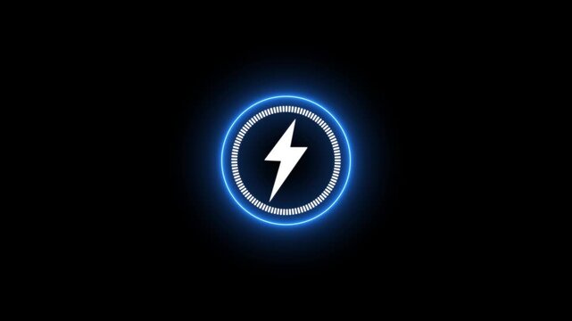 Neon glowing battery charging icon animation with neon circle. Neon power button icon color glowing colorful animation in black background, 4k vieo.