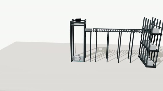 A premium soft-3D tech diorama showing an automated warehouse logistics system where one AGV picks up and transports two standardized boxes through an elevator, conveyor and storage rack.