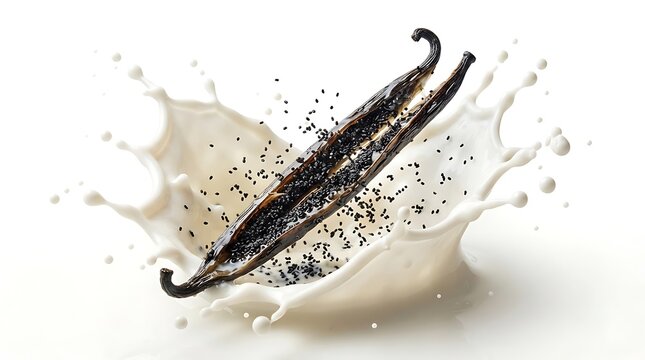 Dried vanilla bean pod splashing into fresh white milk liquid splash wave isolated on white background