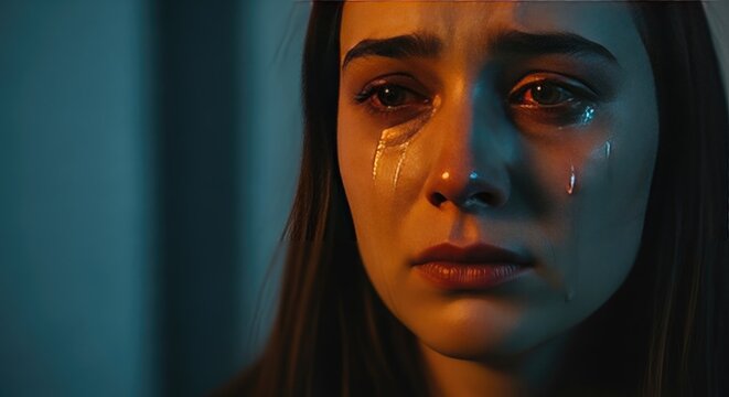 Close-up of a Young Woman Crying with Tears Streaming Down Her Face.