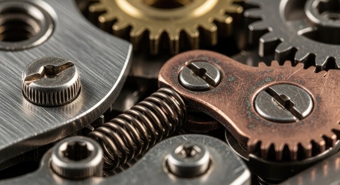 Intricate Close-Up of Mechanical Gears, Springs, and Fasteners in Detailed Arrangement.