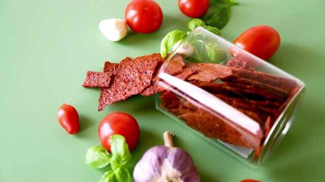 Spicy tomato pastila with garlic and basil on green background