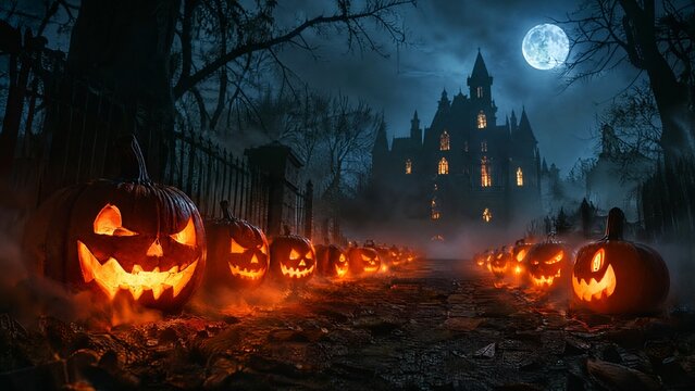 Spooky Halloween pumpkins lining path to haunted mansion, glowing jack-o-lanterns under full moon, dark gothic castle in misty night landscape