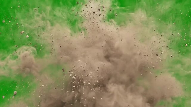 Cinematic Dust Impact Explosion with Dense Brown and Beige Particles Bursting Outward and Naturally Dispersing on Green Screen, Realistic VFX Effect, 4K Stock Video