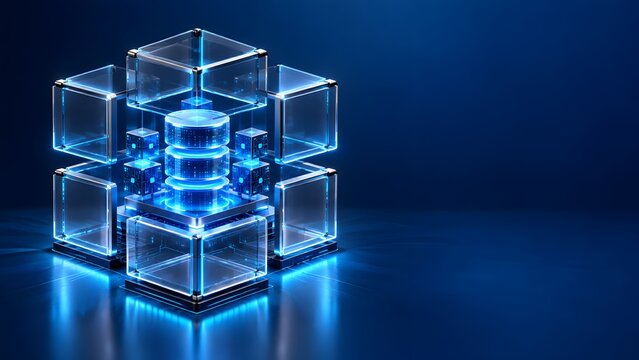Abstract futuristic data center core with glowing blue servers and transparent digital panels for cloud storage concept 3d illustration