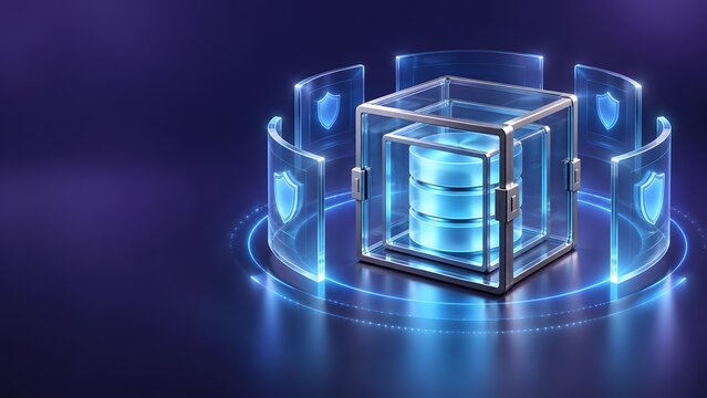 Futuristic cybersecurity concept with data server core protected by glowing digital glass shields 3d rendering