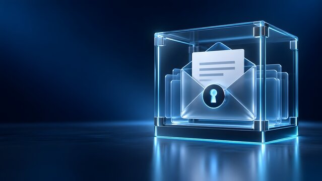 Glowing digital email envelope with lock icon inside transparent glass cube for secure communication concept