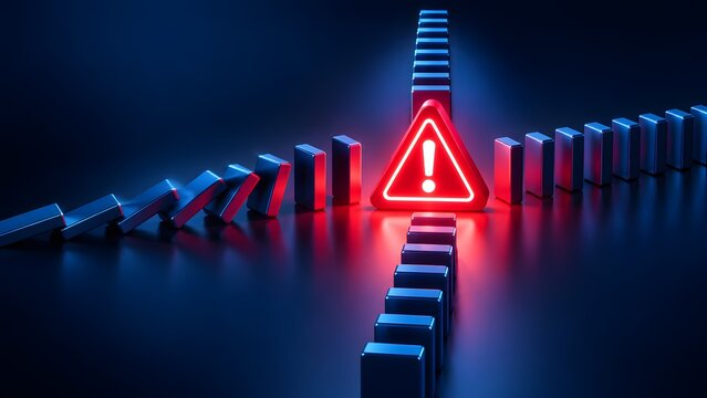 Crisis management and risk prevention concept with glowing red warning sign stopping falling dominoes