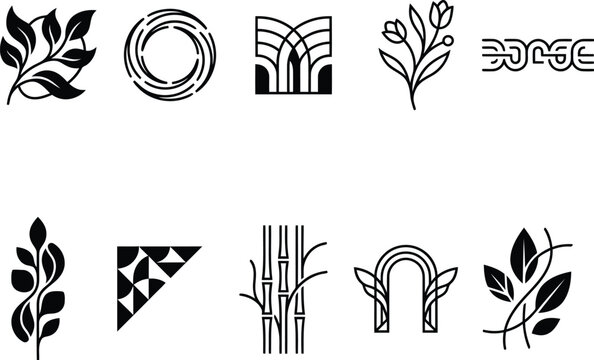 A array of ten minimalist vector nature icons featuring botanical elements, conceptual organic patterns and shapes.