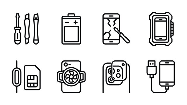 Smartphone Repair and Accessories Icons: A collection of line art icons representing tools for smartphone repair, a battery, a cracked phone, a rugged case, SIM card and ejector tool.