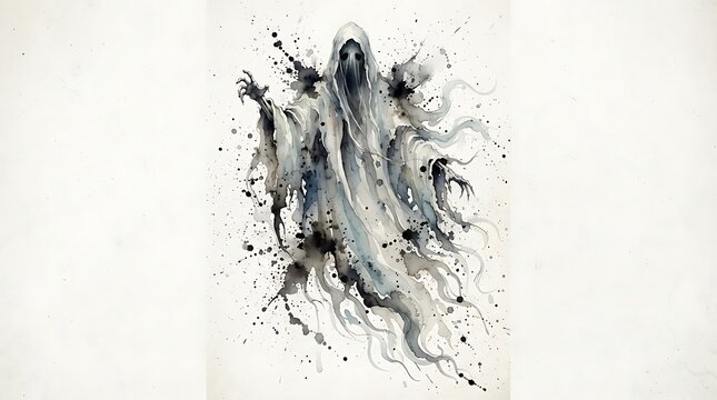 Creepy flying phantom ghost silhouette in fog, dark halloween horror spirit illustration isolated on white background