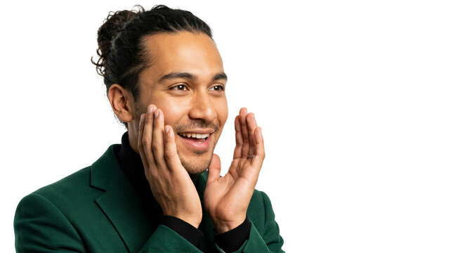 Young man whispering a secret with hands near mouth, smiling expression, white background, copy space. Communication, news, announcement, marketing.