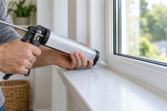 Close-up of person sealing window gaps with caulk gun