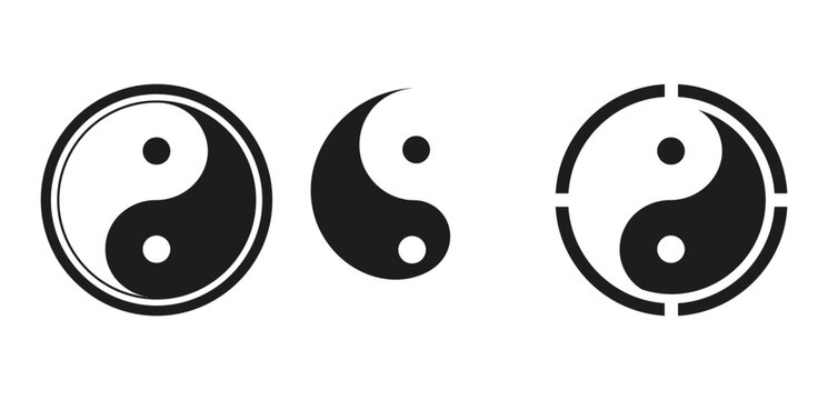 A collection of three different black and white yin yang symbols representing balance harmony duality and spiritual concepts on a plain white background