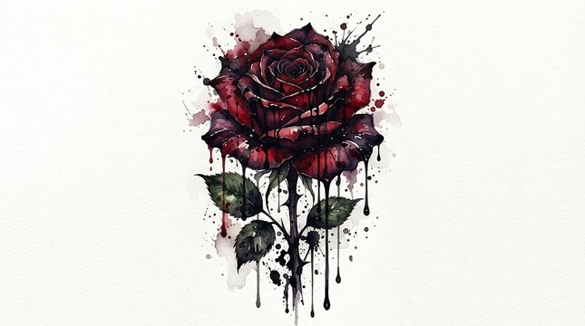 Dark gothic red rose dripping ink splatters, spooky watercolor rose floral illustration isolated on white background