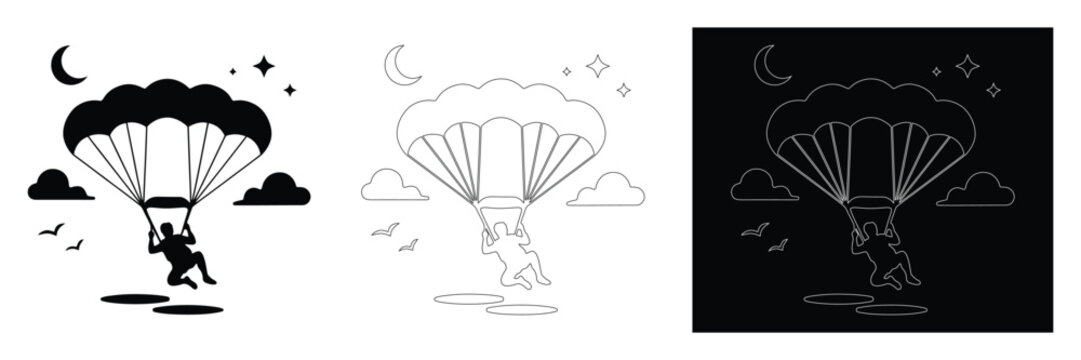 Paragliding silhouette vector illustration, extreme sport and skydiving adventure icon set