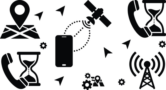 Navigation and communication technology icon set featuring map pin satellite tracking smartphone and hourglass timers