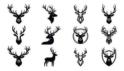 Fototapeta premium Deer Head and Antler Silhouette Logo Icon Set Featuring Stag Buck Profiles, Geometric Designs, and Shield Crest Badges for Hunting and Wilderness Branding